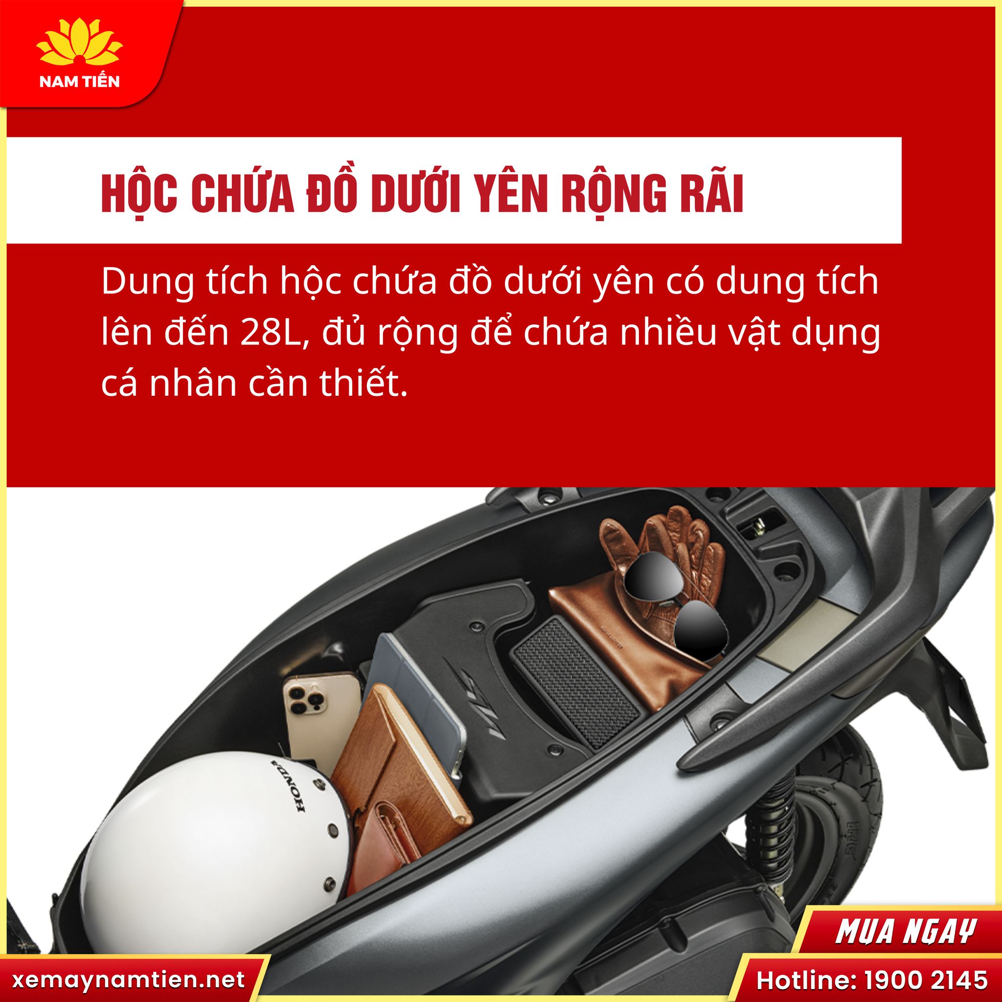 Hộc chứa đồ dung tích 28 lít trên Honda SH160 2026