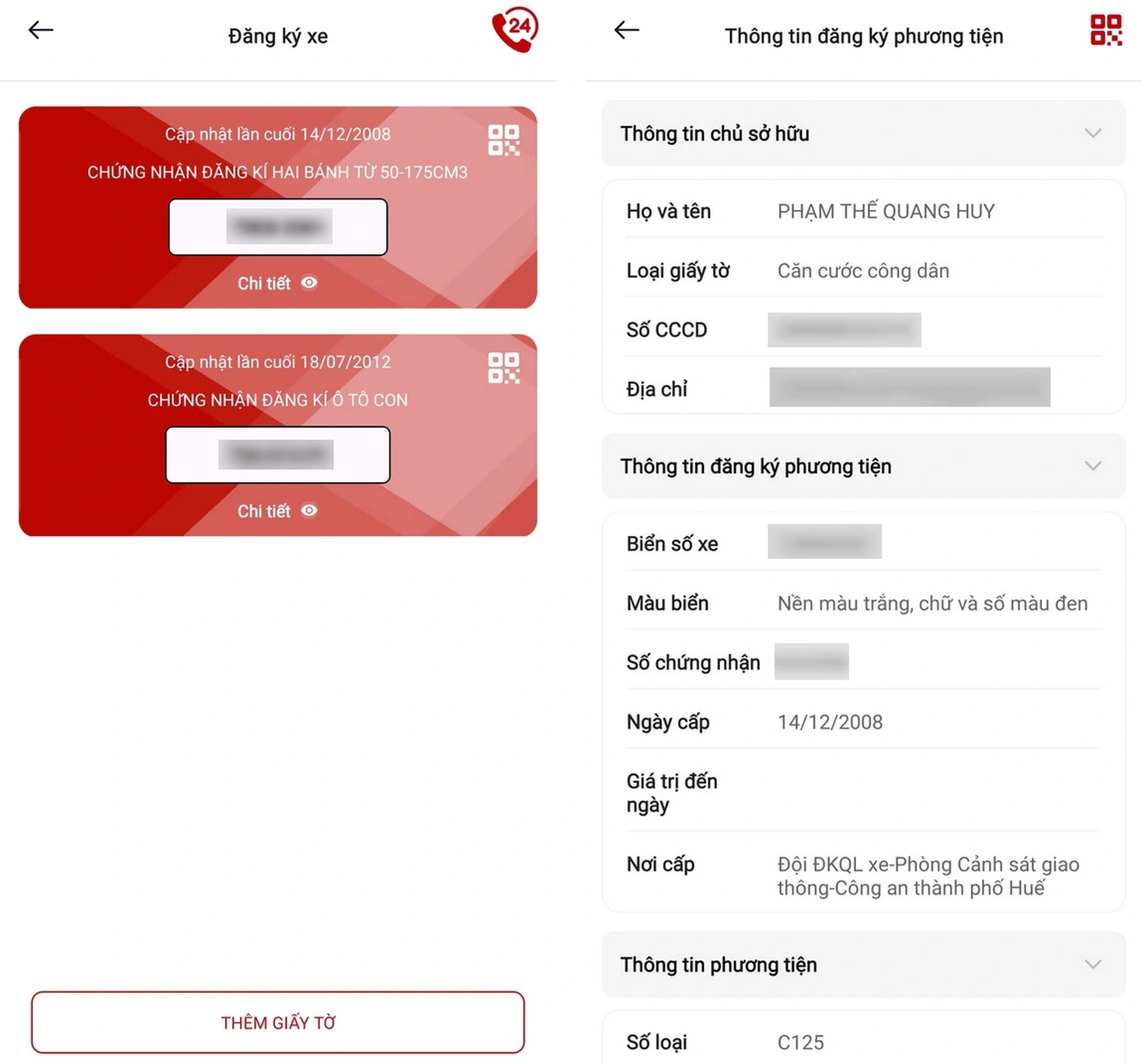 Chọn "Giấy đăng ký xe" và thiết lập bảo mật (nếu có)